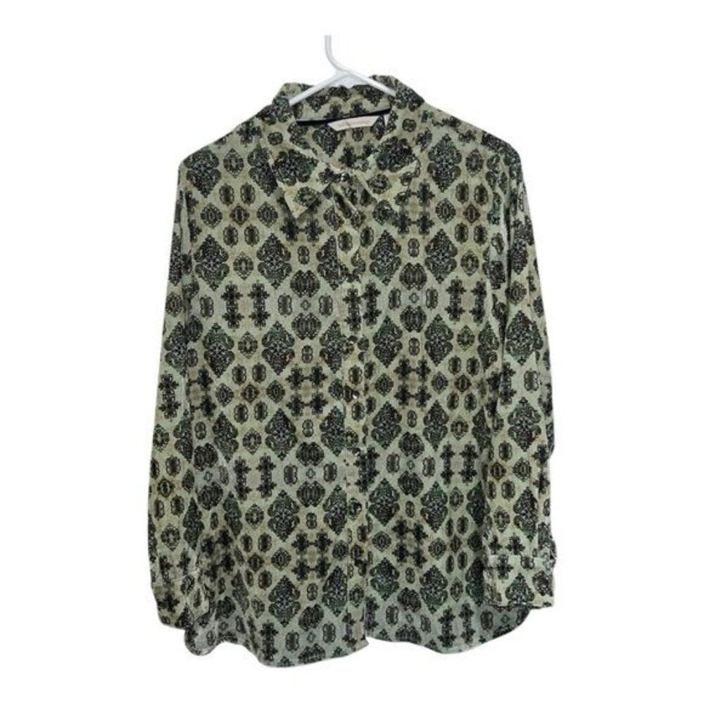 Soft Surroundings Womens Long Sleeve Bow Tie Blouse PL Green Black Retro